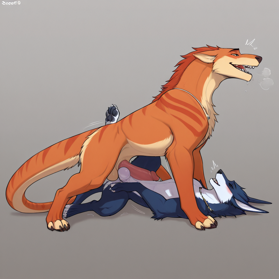 male/male, feral, human_on_feral, human_penetrating, humanoid_penis,