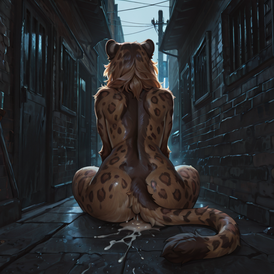 furry panther female, naked, after sex, sit, in dark alley, tail, (shamefull), fluffy, thick fur