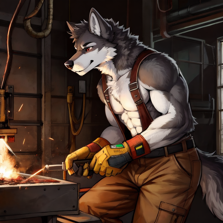 athletic_male, anthro, wolf, Welding