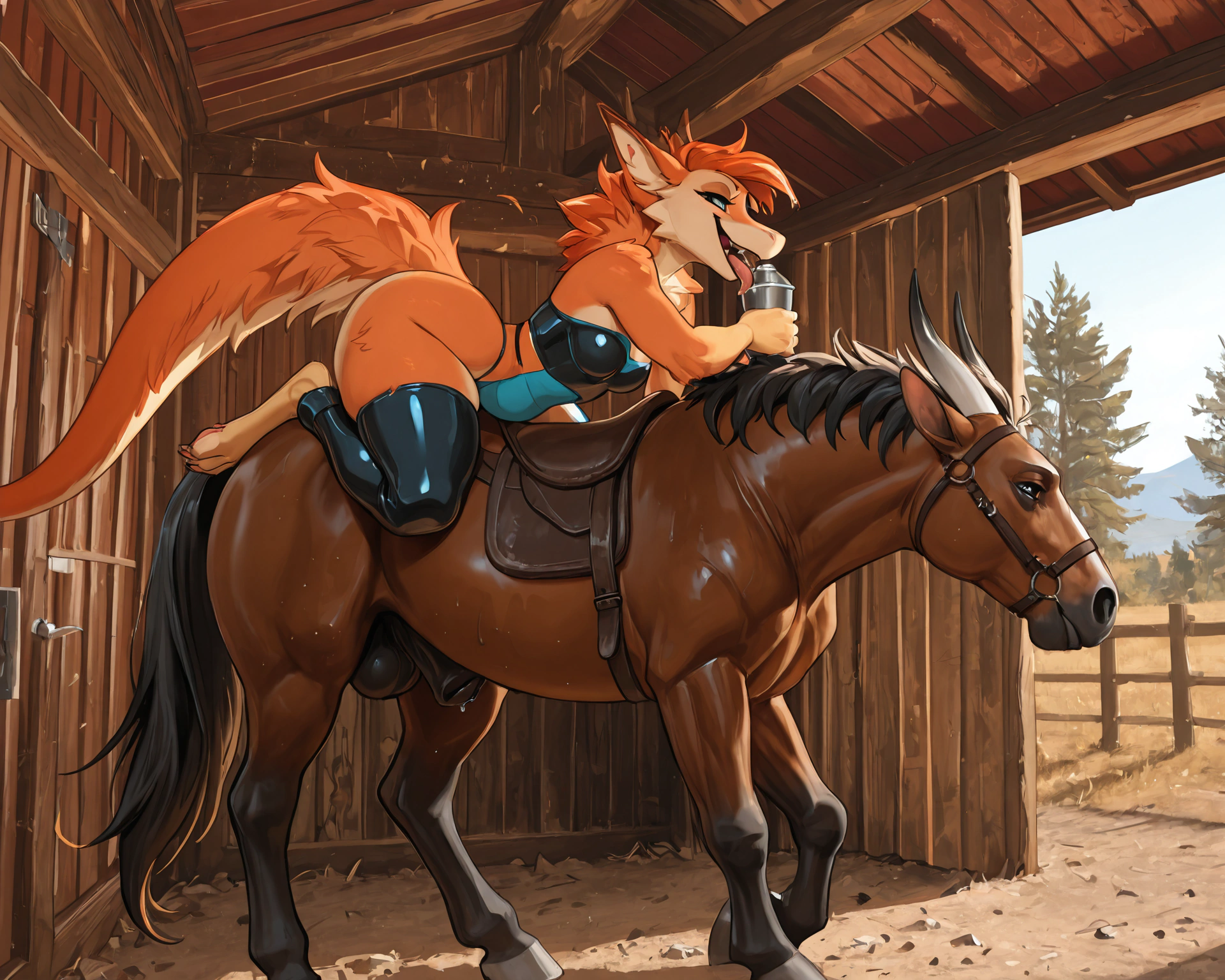by_kluclew, bestiality, intraspecies_bestiality, duo, furred_dragon, anthro, furred_wings, orange_fur, digitigrade, anthro_three_toes, dragon_claws, female, small_breasts, clothed_anthro, slender, happy, gleeful, toothy_smile, barn, stable, smaller, small_female, kneeling_oral_position, ball_fondling, lustful_gaze, licking_sheath, oral, oral_penetration, servicing_from_below, on_ground, oral_servicing, oral_sex,  BREAK quadruped, equine, horse, feral, realistic_feral, brown_body, equine_genitalia, sheath, flaccid, fully_sheathed, larger_male, large_horse, beside_anthro, male/female
