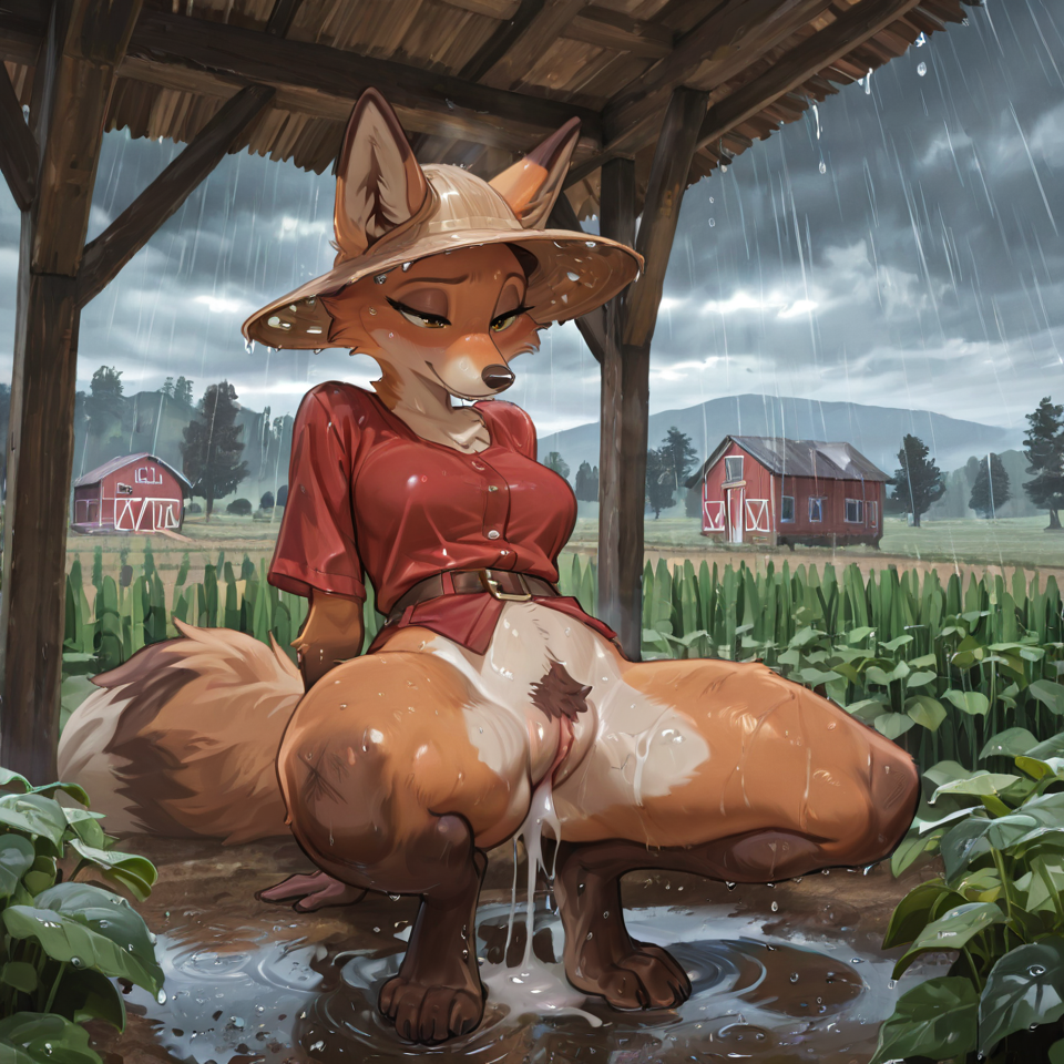 farm fox female, bottomless, after sex, raking in a vegetable field, farm hat, barefoot, dirty feet, raining, wet, pubic hair