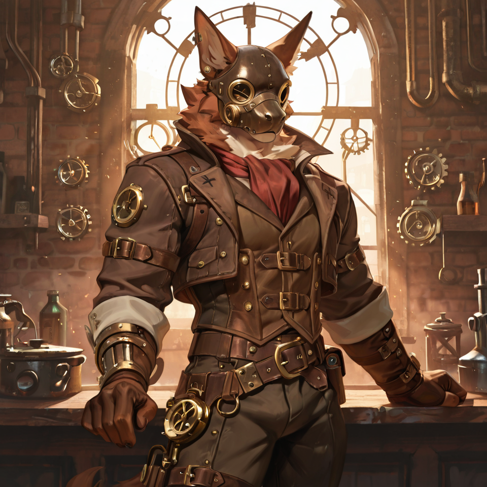 Muscular, steampunk, partially_clothed, mask_only, animal_genitalia,