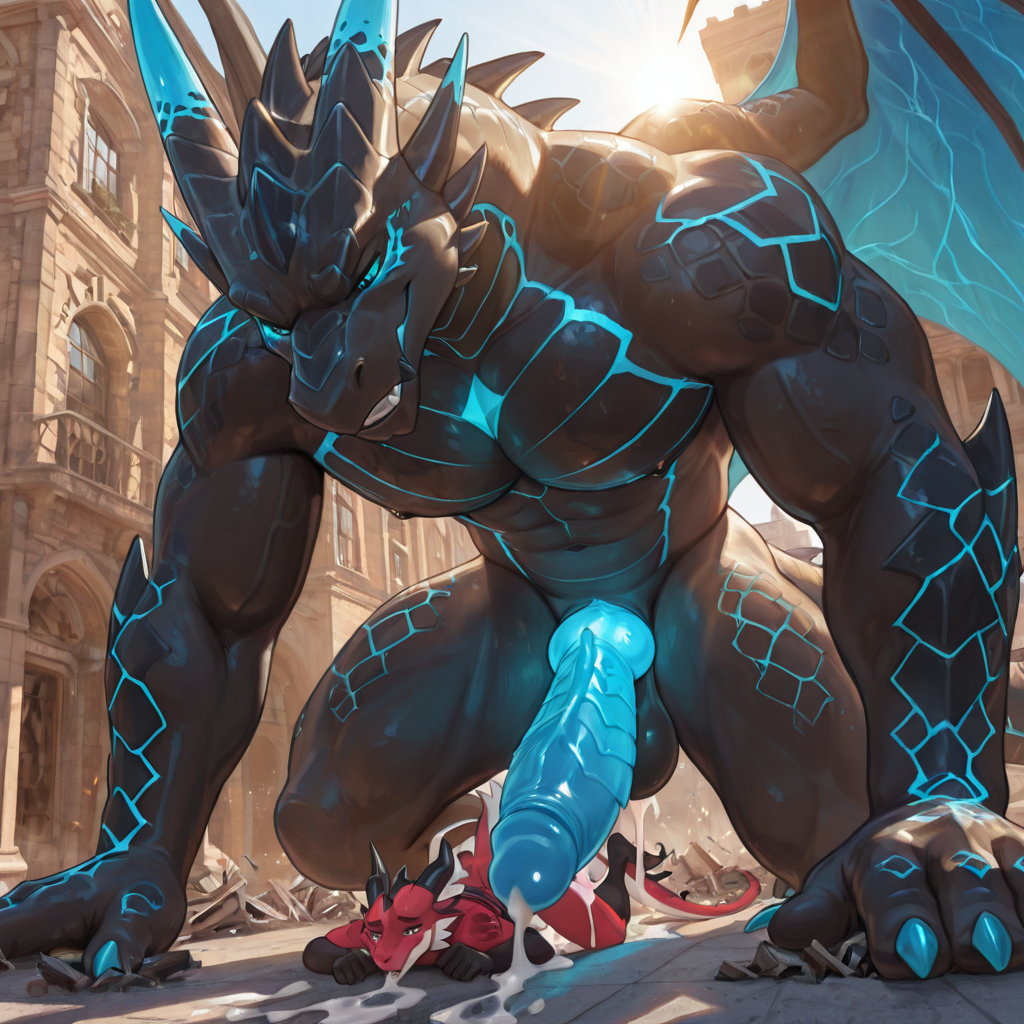 Aidennguyen17_style, adult only, male/male, Dragon_Acnologia, muscular_male, glowing_penis, big_penis, crawling, self_lick, building_destruction, building_penetration, size_difference,  high quality, 4k, sunlight, cum_drip, more colorful,