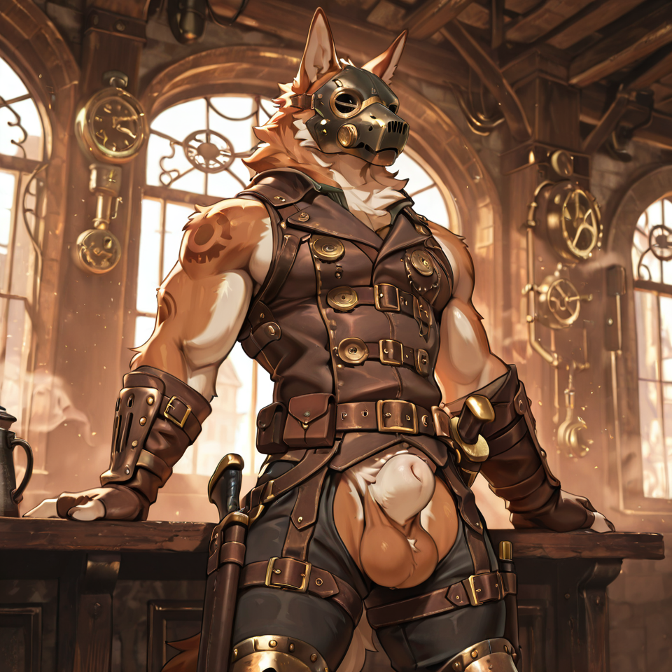 Muscular, steampunk,mask_only, animal_genitalia, sheath, balls, sleeveless_clothing, big_sheath,