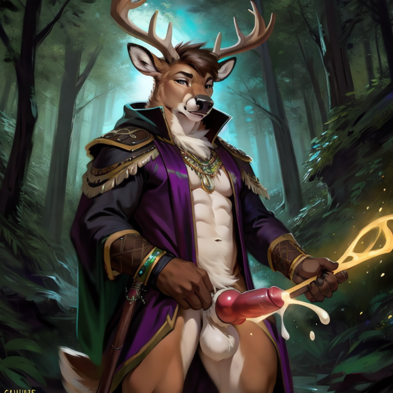 by Chunie, solo, anthro, male deer, brown fur, horns, facial fluff, wearing heavy warlock attire, holding gnarled wooden staff, green stone, enchanted forest background, night time, colorful magical energy, best quality, details, explicit, cock_ring, cumshot, penis, masturbation, knot, gay