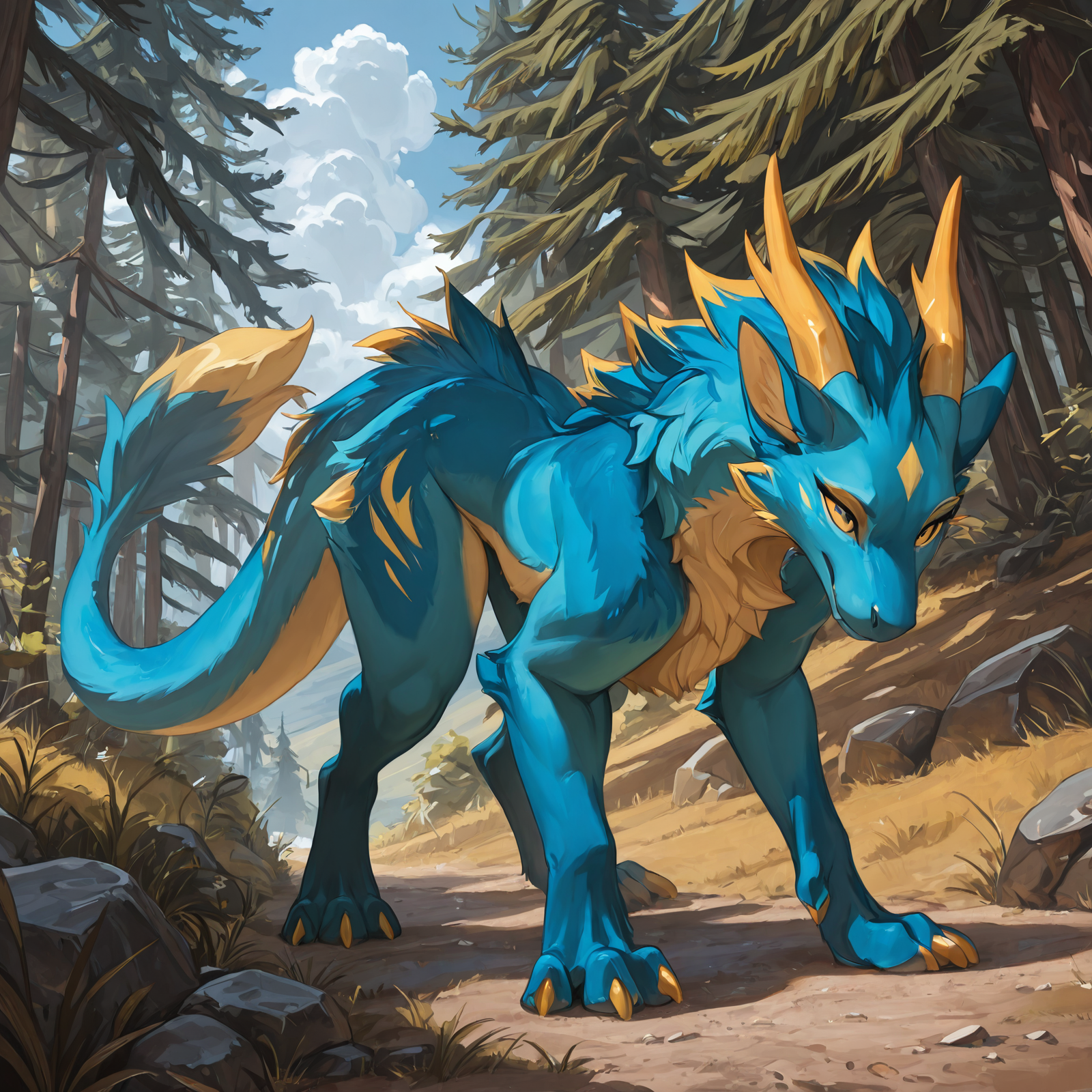 female, furred_dragon, blue_fur, long_fur, yellow_highlights, digitigrade, three_toes, dragon_claws, dragon_tail, dragon_head