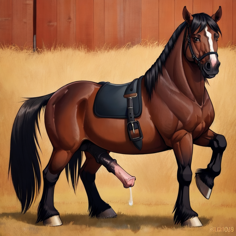 male feral horse, equine genitalia, leaking pre, smiling at viewer, feral horse, horse, male, horsecock, presenting penis