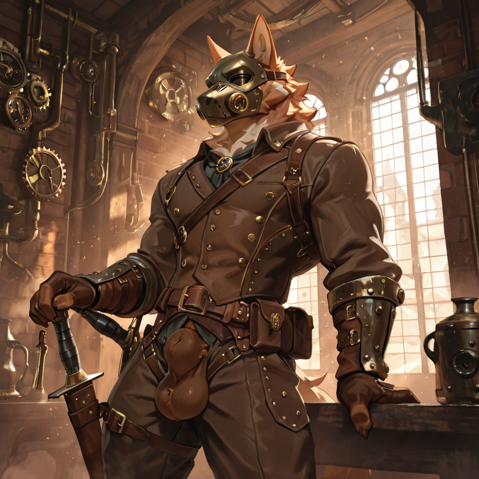 Muscular, steampunk,mask_only, animal_genitalia, sheath, balls,