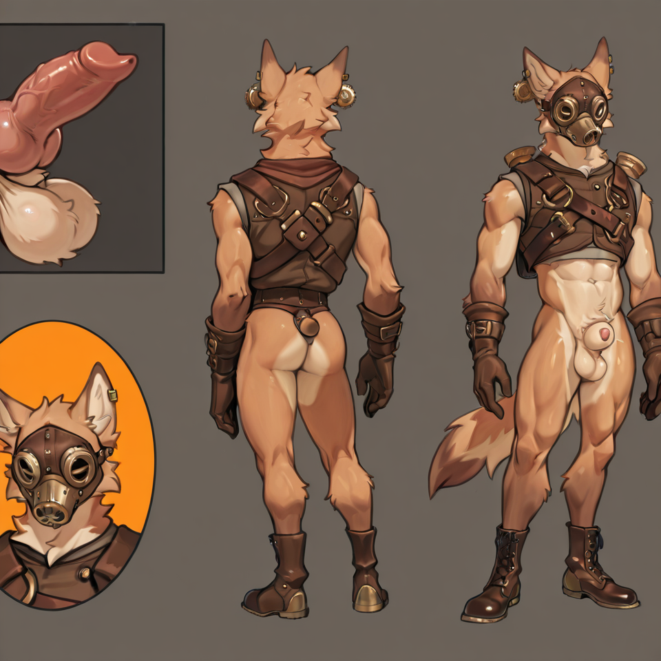 Muscular, steampunk,mask_only, animal_genitalia, sheath, balls, sleeveless_clothing, big_sheath, penis_tip, penis_poking_out,