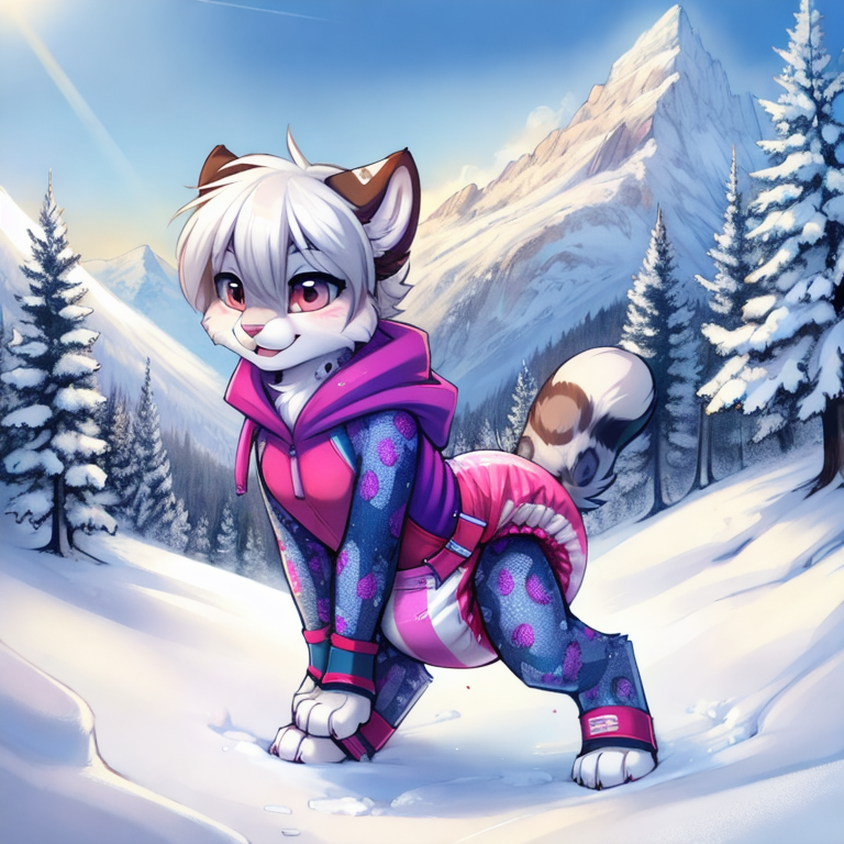by tom fischbach,by arh,by seraziel,by silverfox5231, Character: feline,snow leopard, feral,detailed face,female,cute face, solo, solo, Wearing:  pattern skinsuit, diaper_under_clothing, vibrator_in_ass,  Scene:outside, mountain, snow, best_quality, HDR, 4K,