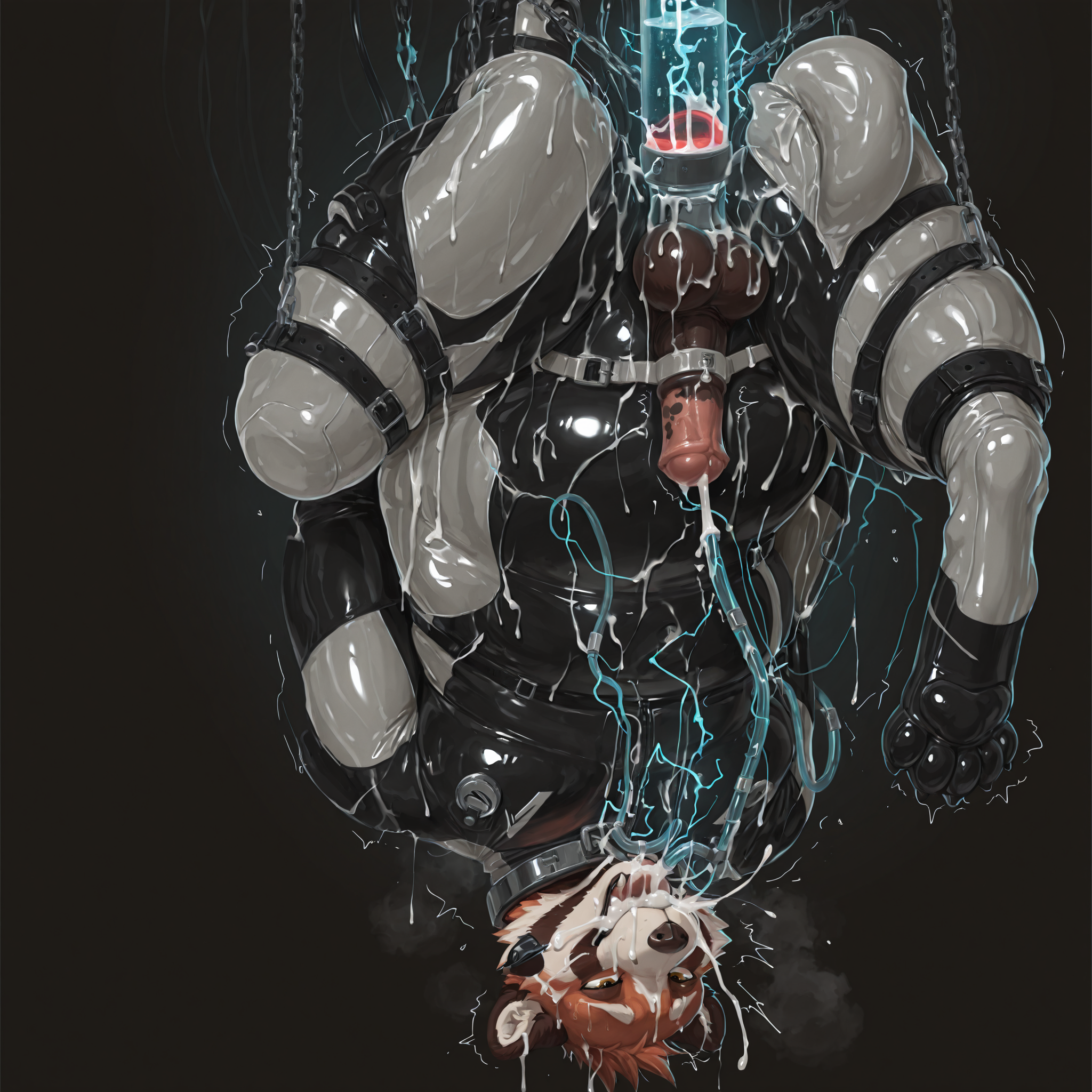 solo, red_panda, slightly_chubby, male, anthro, equine_penis, anatomically_correct, rubber_suit, chained, electrostimulation, cum_in_own_mouth, cum_tube, laboratory, explicit
