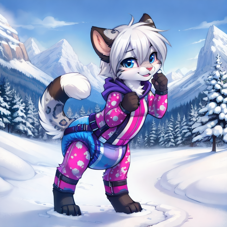 by tom fischbach,by arh,by seraziel,by silverfox5231, Character: feline,snow leopard, feral,detailed face,female,cute face, solo, solo, Wearing:  pattern skinsuit, diaper_under_clothing, vibrator_in_ass,  Scene:outside, mountain, snow, best_quality, HDR, 4K,