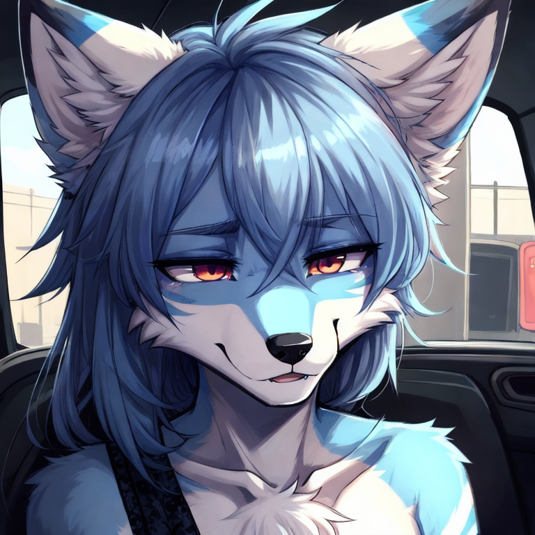 Male femboy, anthro fox,  dark_blue_fur, Light_blue_markings messy_hair, hair_over_eyes