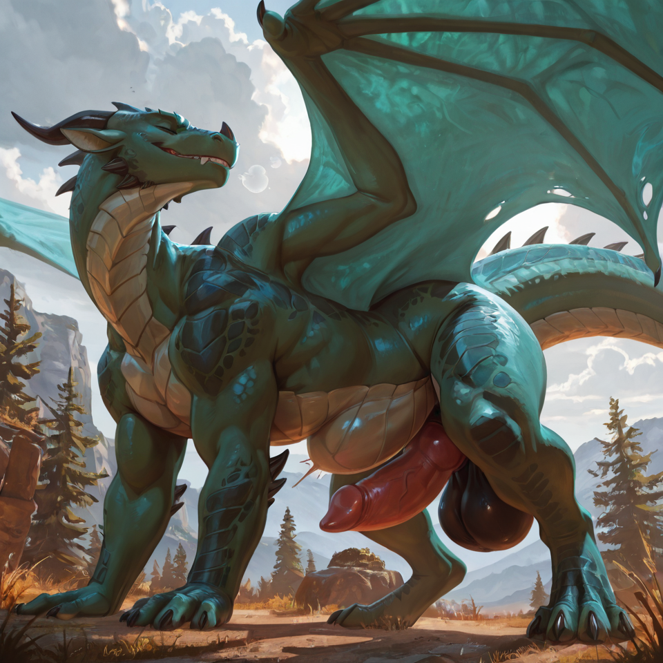 male/male, , huge_balls, huge_penis, sheath,  dragon, feral, wings, on_all_fours, biting_own_lip, animal_genitalia, extreme_penetration, abdominal_bulge, anal_penetration, male_penetrating_male,