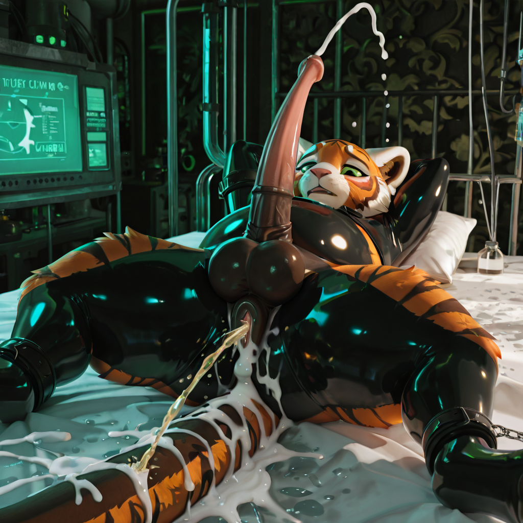 (by ruaidri:2), solo, (3d:2), (latex_skinsuit:1.4), 5_fingers, anthro, (masculine:1.2), (intersex/male:2), (fluffy:2), (tiger_stripes:2), flat_chested,(detailed:2), (herm:2), (red_panda:2), (cow:2), (unicorn:1.4), (dragon:1.8), (kobold:1.3), (hybrid:2), (dragon_tail:2), adult, (dragon_penis:2), (equine_penis:1.2), (tapering_penis:2), (equine_vulva:2), (equine_pussy:2), warm_lighting, (slightly_chubby:2), toned, (green_eyes:2),  choker, cumshot, (peeing:2), (excessive_cum:2), (laboratory:2), (bondage:2), chained, (lying_on_bed:2), (overstimulation:2), (penis_milking_machine:1.5), peeing_on_ground, watersports,