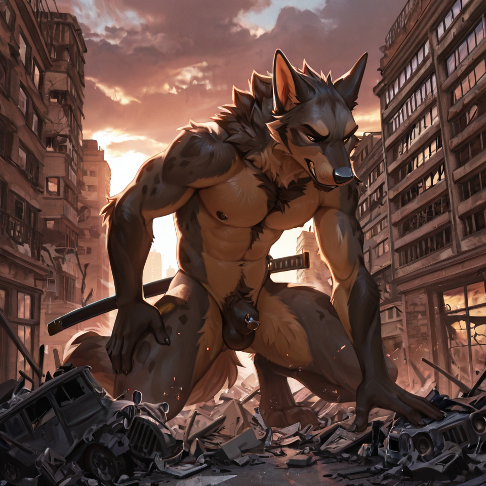 building_destruction, nude_male, anthro, sheath, sheath_piercing,