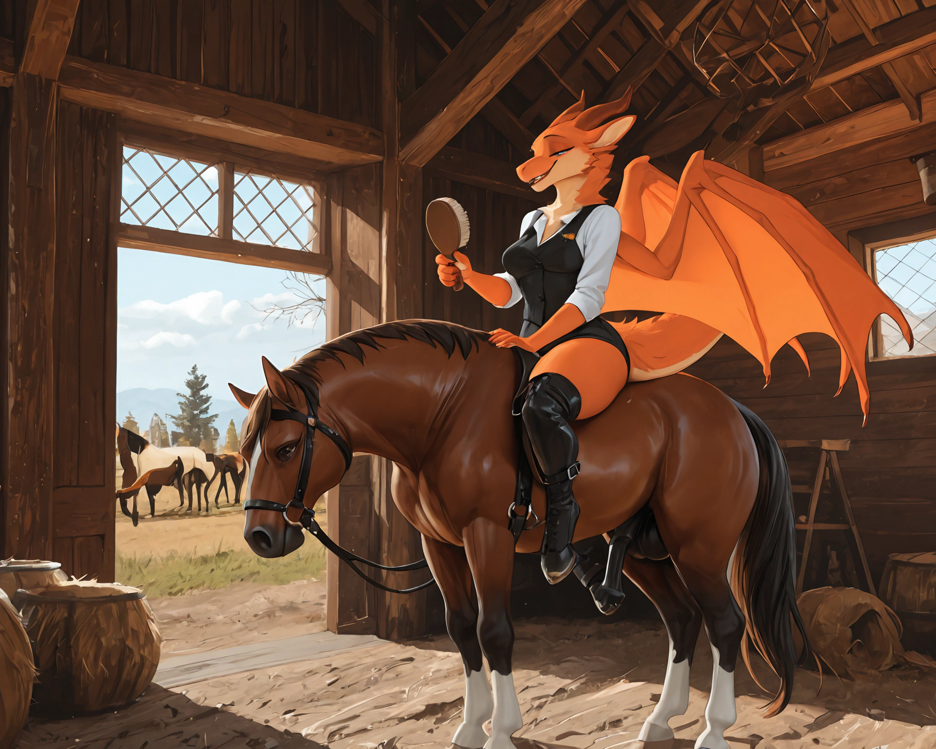 by_kluclew, duo, furred_dragon, anthro, furred_wings, orange_fur, digitigrade, anthro_three_toes, dragon_claws, female, small_breasts, clothed_anthro, slender, happy, gleeful, toothy_smile, barn, stable, brushing_horse, standing, next_to_partner, smaller, small_female, side_by_side BREAK quadruped, equine, horse, feral, realistic_feral, brown_body, equine_genitalia, sheath, flaccid, fully_sheathed, larger_male, large_horse, beside_anthro
