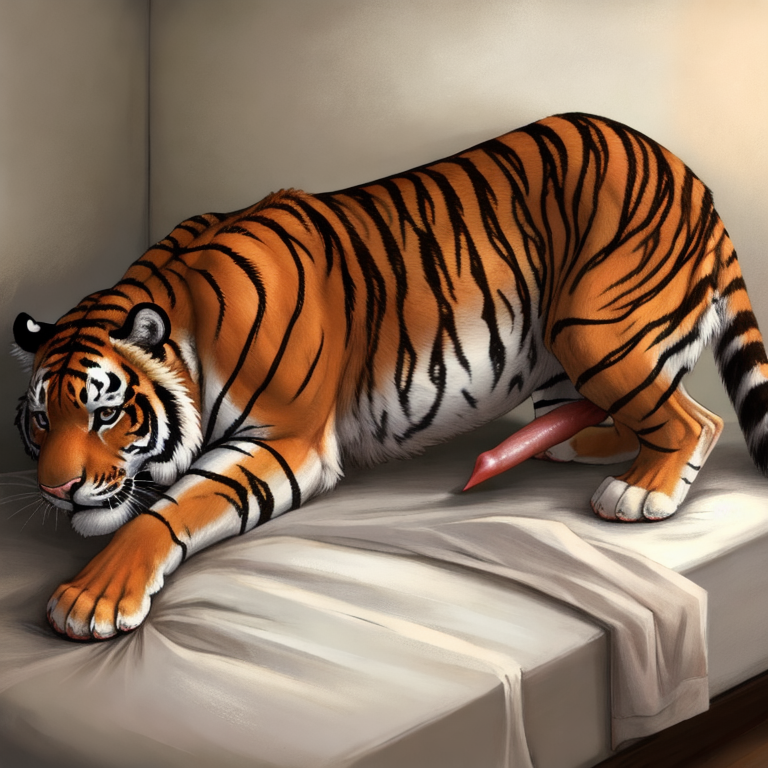 solo, tiger, realistic_feral, realistic_penis_size, anatomically_correct, anatomically_correct_genitalia, anatomically_correct_penis, feline_penis, feral, male, side_view, lying_on_bed,