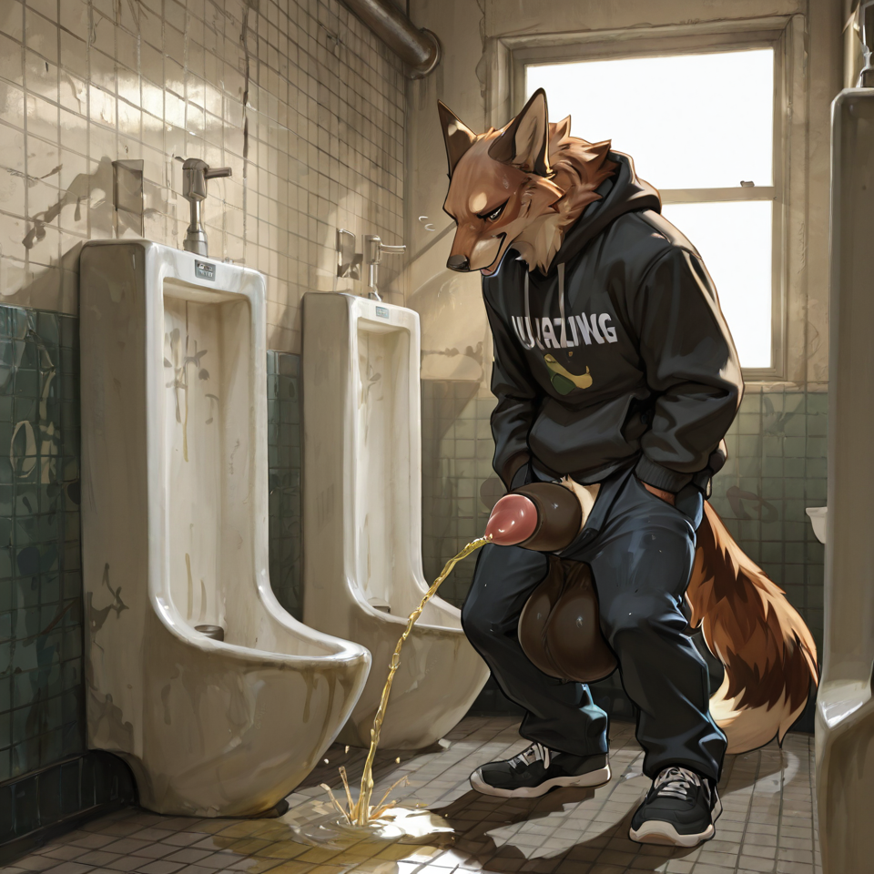 animal_genitalia, huge_sheath, huge_balls, urine_on_ground, fully_clothed, standing, public_restroom, urinal