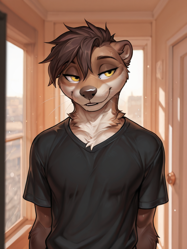 by chunie, by f-r95, by smileeeeeee, best quality, masterpiece, details, HDR, 4K, A male otter, solo, male, (mammal, mustelid), brown hair, yellow eyes, detailed pupils, eyelashes, seductive eyes, perfect eyes, open eyes), black t-shirt, short, athletic_male, (full view:1.2), masculine, standing, front view,