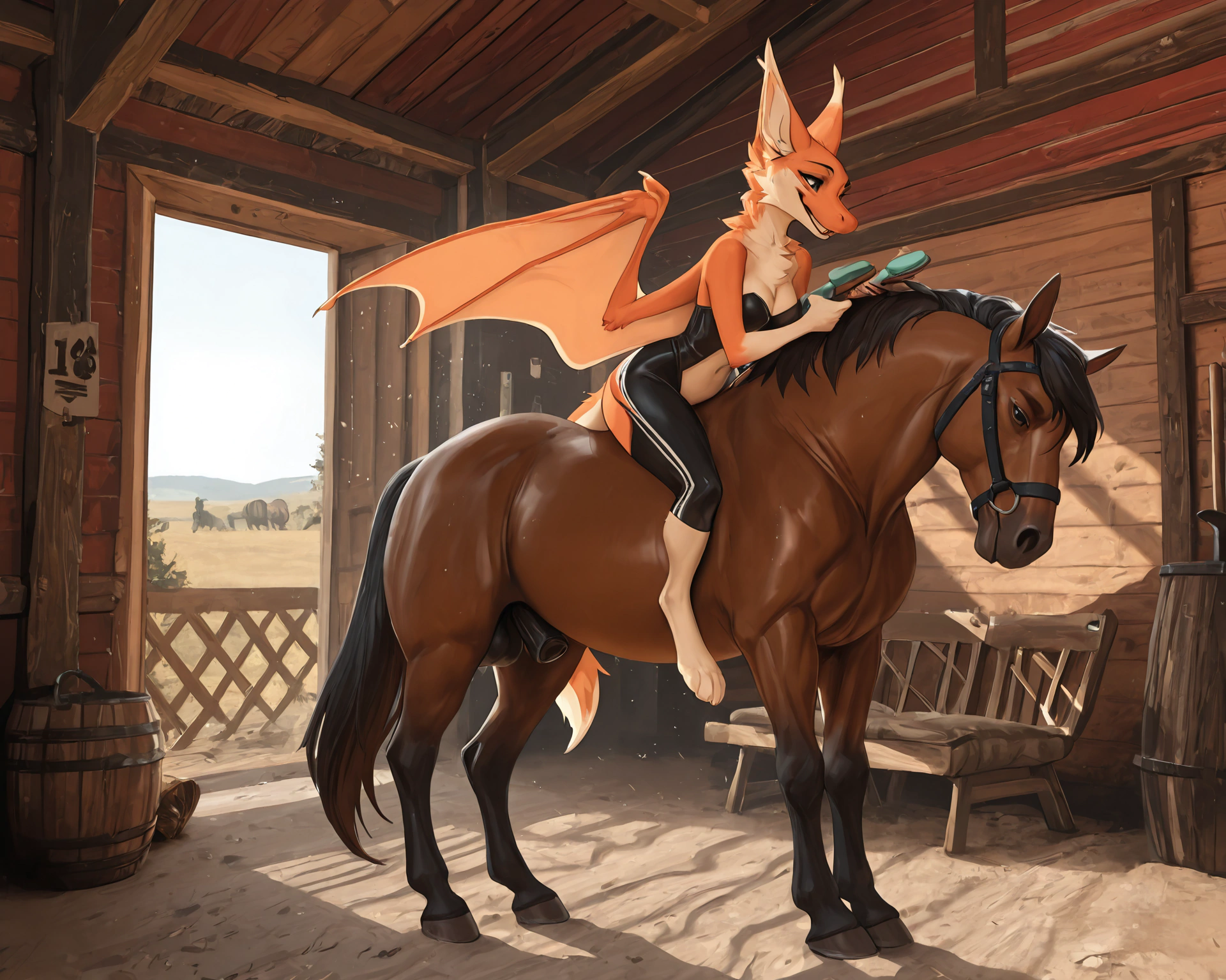 by_kluclew, bestiality, intraspecies_bestiality, duo, furred_dragon, anthro, furred_wings, orange_fur, digitigrade, anthro_three_toes, dragon_claws, female, small_breasts, clothed_anthro, slender, happy, gleeful, toothy_smile, barn, stable, brushing_horse, standing, standing_on_gound, smaller, small_female, kneeling_oral_position,  BREAK quadruped, equine, horse, feral, realistic_feral, brown_body, equine_genitalia, sheath, flaccid, fully_sheathed, larger_male, large_horse, beside_anthro
