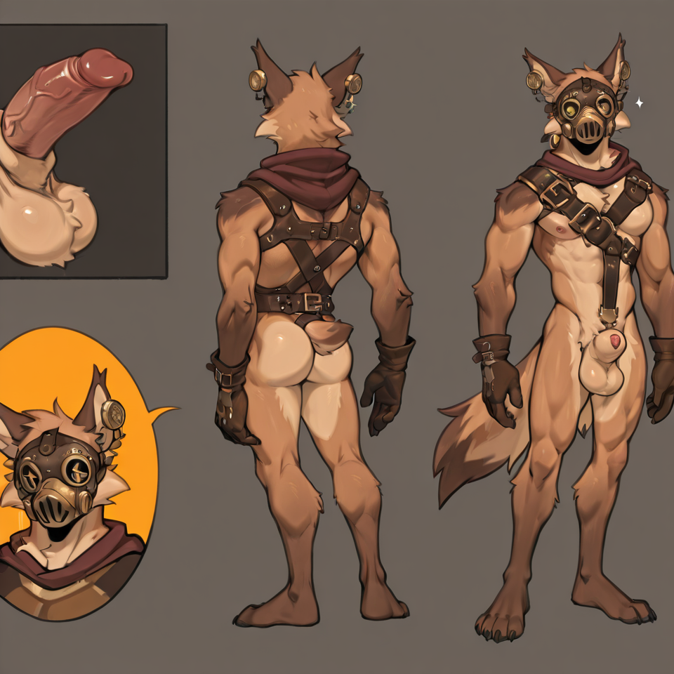 Muscular, steampunk,mask_only, animal_genitalia, sheath, balls, big_sheath, penis_tip, penis_poking_out, solo,