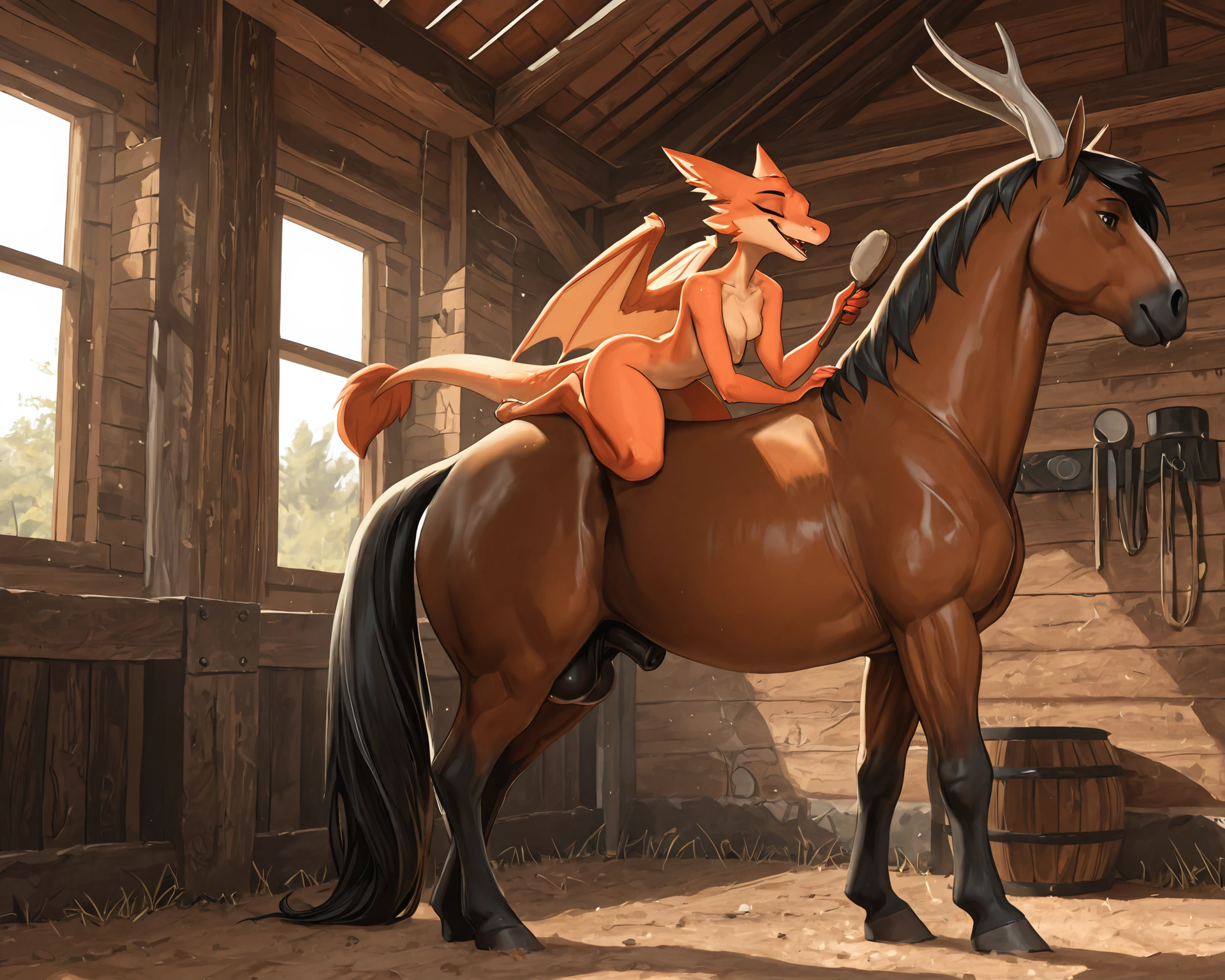 by_kluclew, bestiality, intraspecies_bestiality, duo, furred_dragon, anthro, furred_wings, orange_fur, digitigrade, anthro_three_toes, dragon_claws, female, small_breasts, clothed_anthro, slender, happy, gleeful, toothy_smile, barn, stable, brushing_horse, smaller, small_female, kneeling_oral_position,  BREAK quadruped, equine, horse, feral, realistic_feral, brown_body, equine_genitalia, sheath, flaccid, fully_sheathed, larger_male, large_horse, beside_anthro
