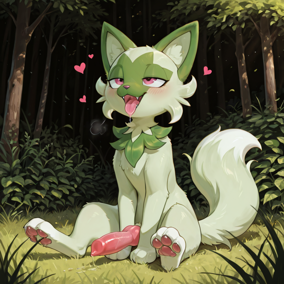 best quality, masterpiece, sprigatito，male,futa,longeyelashes,  nsfw, long tail,pawpads,  penis_juice,  excessive saliva,  naughty_face,    paws, slende,  cat penis,  solo,  feral, sitting, （by rabbitadvisory：1.5）， grass,