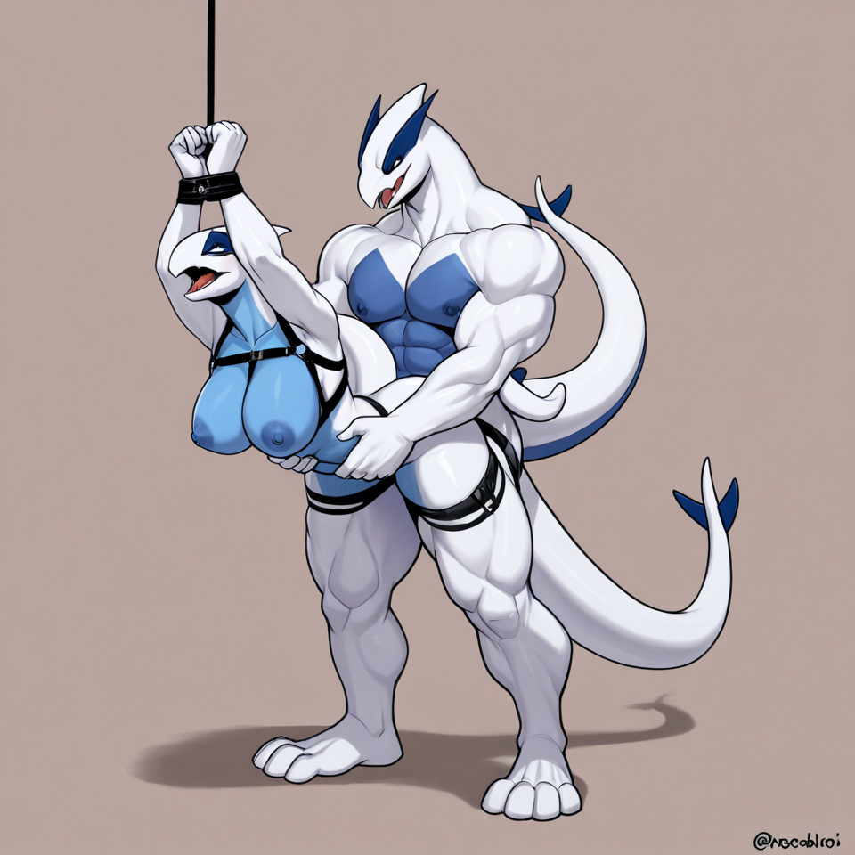 By Skygracer, female, lugia, muscular_anthro, big_breasts, big_butt, reverse_stand_and_carry_position, chest_harness, fully_bound, bound_together, arms_tied, legs_tied, tied_to_partner, cock_lifted, collared_together, leaning_forward, carry_fucked, blue_areola BREAK male, lugia, muscular_anthro, male_penetrating_female, chest_harness, standing, carrying_partner, holding_waist, walking