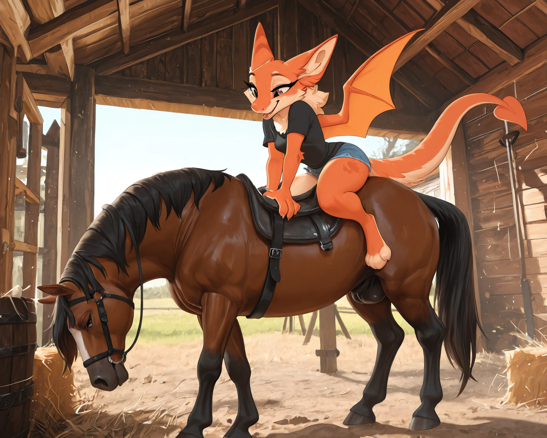 by_kluclew, bestiality, intraspecies_bestiality, duo, furred_dragon, anthro, furred_wings, orange_fur, digitigrade, anthro_three_toes, dragon_claws, female, small_breasts, clothed_anthro, slender, happy, gleeful, toothy_smile, barn, stable, smaller, small_female, kneeling_oral_position, ball_fondling, lustful_gaze, licking_sheath, oral, oral_penetration, servicing_from_below, on_ground, oral_servicing, oral_sex,  BREAK quadruped, equine, horse, feral, realistic_feral, brown_body, equine_genitalia, sheath, flaccid, fully_sheathed, larger_male, large_horse, beside_anthro, male/female