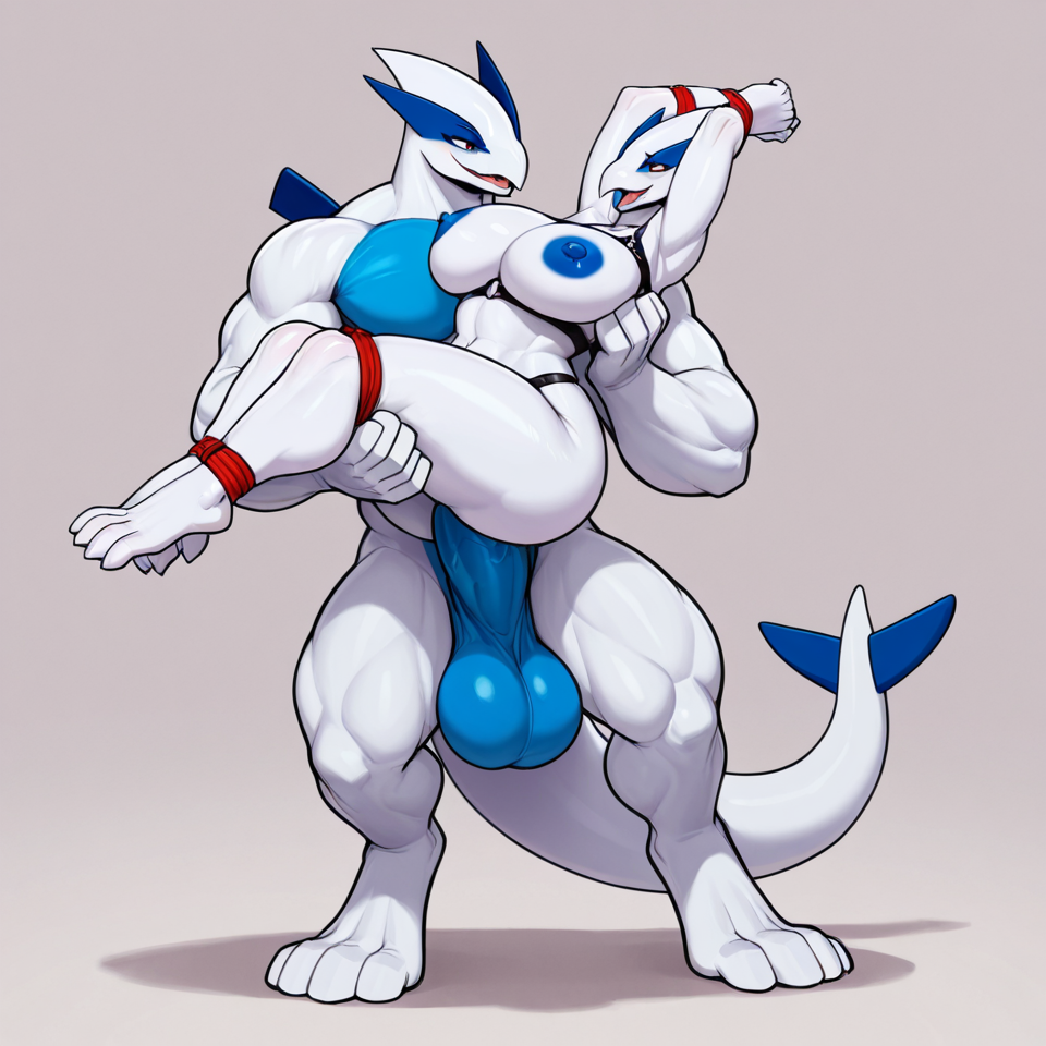 By Skygracer, female, lugia, muscular_anthro, big_breasts, big_butt, reverse_stand_and_carry_position, chest_harness, fully_bound, bound_together, arms_tied, legs_tied, tied_to_partner, cock_lifted, collared_together, leaning_forward, carry_fucked, blue_areola, exhibitionism,  belly_riding BREAK male, lugia, muscular_anthro, male_penetrating_female, chest_harness, standing, carrying_partner, holding_waist, walking, huge_balls