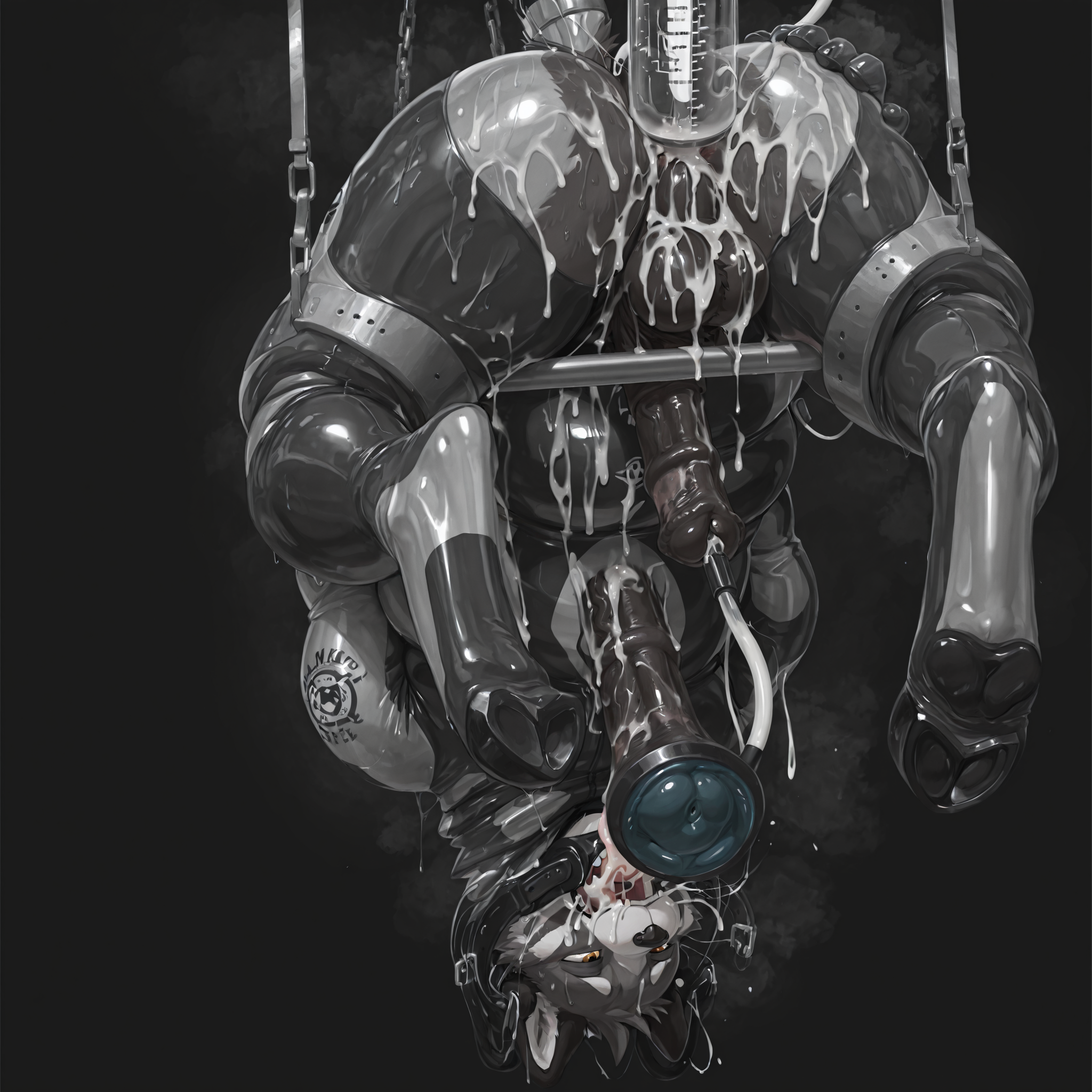 solo, red_panda, slightly_chubby, male, anthro, equine_penis, small_balls, anatomically_correct_penis, anatomically_correct, rubber_suit, chained, milking_machine, cum_in_own_mouth, laboratory, explicit