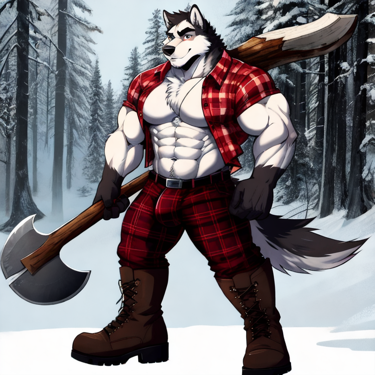 solo, male-wolf, black_fur, white_belly, muscular, abs, six_pack, lumberjack shirt, jeans, boots, lumberjack axes, bulge, standing, axe on his shoulder, full body, looking_at_viewer, three-quarter_view, woodcutter,