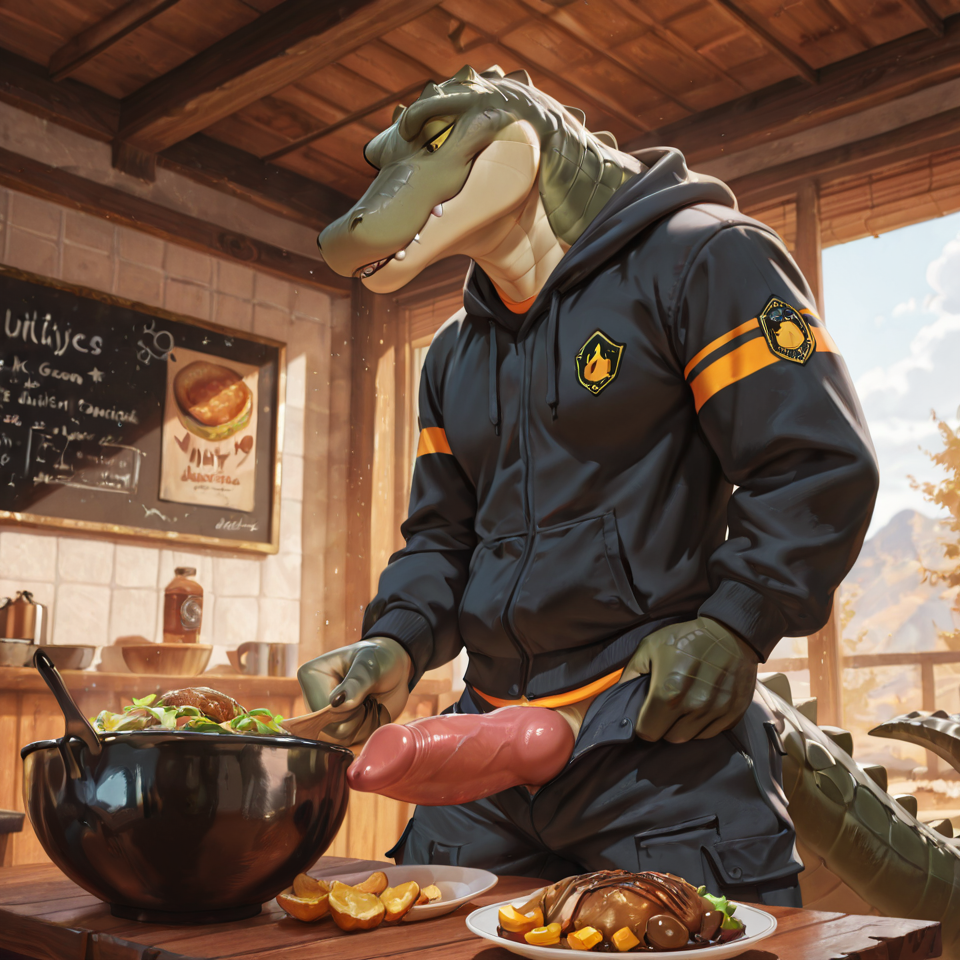 monty_gator, clothing, food_play, alligator_genitalia, slit_penis,