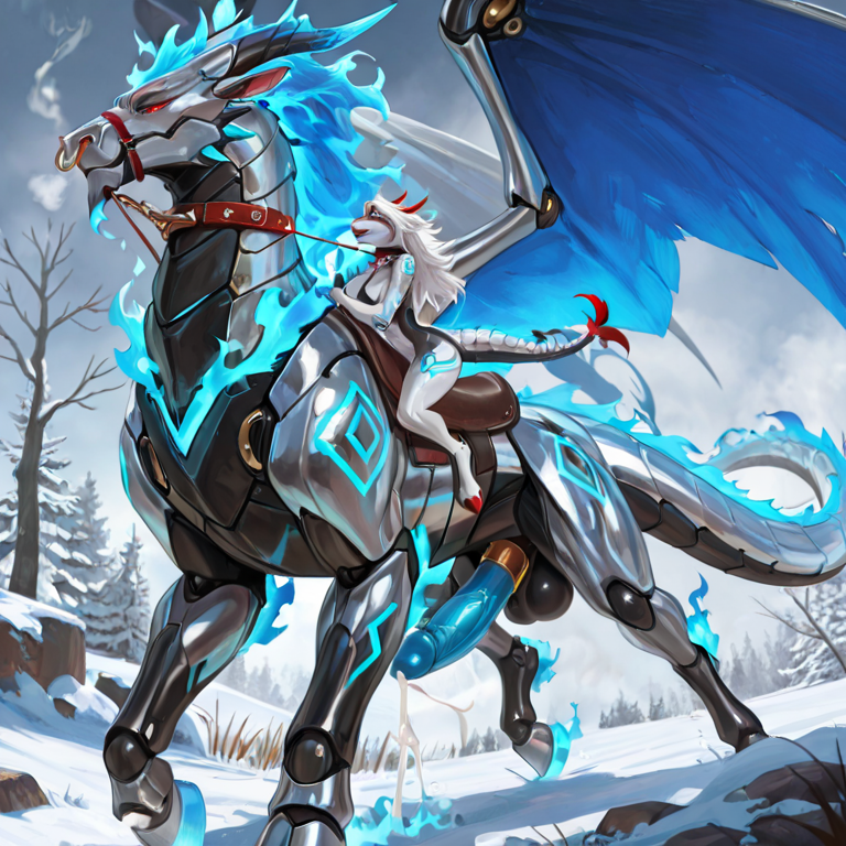 muscular, silver_body, robot_dragon,realistic_feral, huge_penis, blue_fire,mane, collar_only, chain, cumshot, sexy_eyes, hooves, person_riding on saddle, outside, winter, smoke_from_nose, red_eyes, glowing_eyes, size_difference,cock_ring, magic_user, glowing_markings, nose_ring, ear_piercing, leash_pull, long_hair, long_tail, tail_accessory,