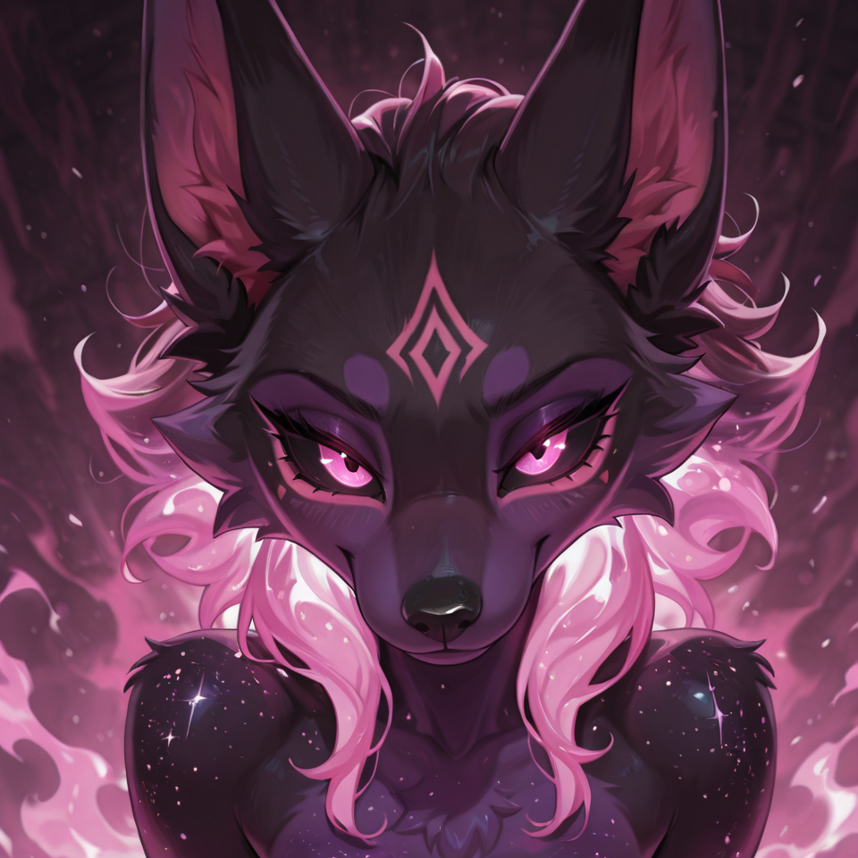 MASTERPIECE, FURRY, HIGH RESOLUTION, BEST QUALITY, AMAZING QUALITY, NEWEST, ULTRA-DETAILED, VERY AESTHETIC, DETAILED HAIR, DETAILED FLUFFY FUR, DEPTH OF FIELD, ABSURDRES, VOLUMETRIC LIGHTING, PHOTOREALISTIC DETAILS, ANTHRO, detailed_shadows, correct_anatomy (detailed_eyes), EyesHD, (detailed_face), (detailed_fluffy_fur), illuxy_style,, solo ((black sclera)), ((pink eyes)), ((glowing eyes)) {ultra_detailed, , absurd_resolution, 8k, masterpiece, looking at viewer, half-closed eyes, smile, blush, ((fire hair)), ((glowing hair)), (((flame hair)))} {ultraviolet light, glowing, glowing hair, glowing eyes} {looking_at_viewer, cocky_expression, scenery, (happy:1.0), (aggresive:1.2), (sexy:0.9), wide_eyes} anthro_fox, violet_fur, pink_head_hair, wolf_face, anthro_wolf, violet_skin, glowing_hair, cosmic_fur, glowing_eyes, furry, galaxy_fur, white_sclera, pink_cornea, hair_between_eyes, inner ear fluff, cosmic_fur, purple_hair, pink_tips, glowing_hair, glowing_ears, cheektuft, galaxy