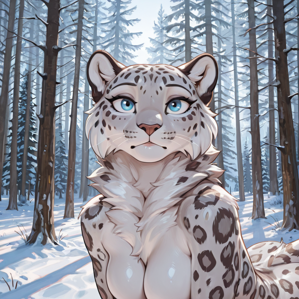 Female anthro snow leopard, winter forest background