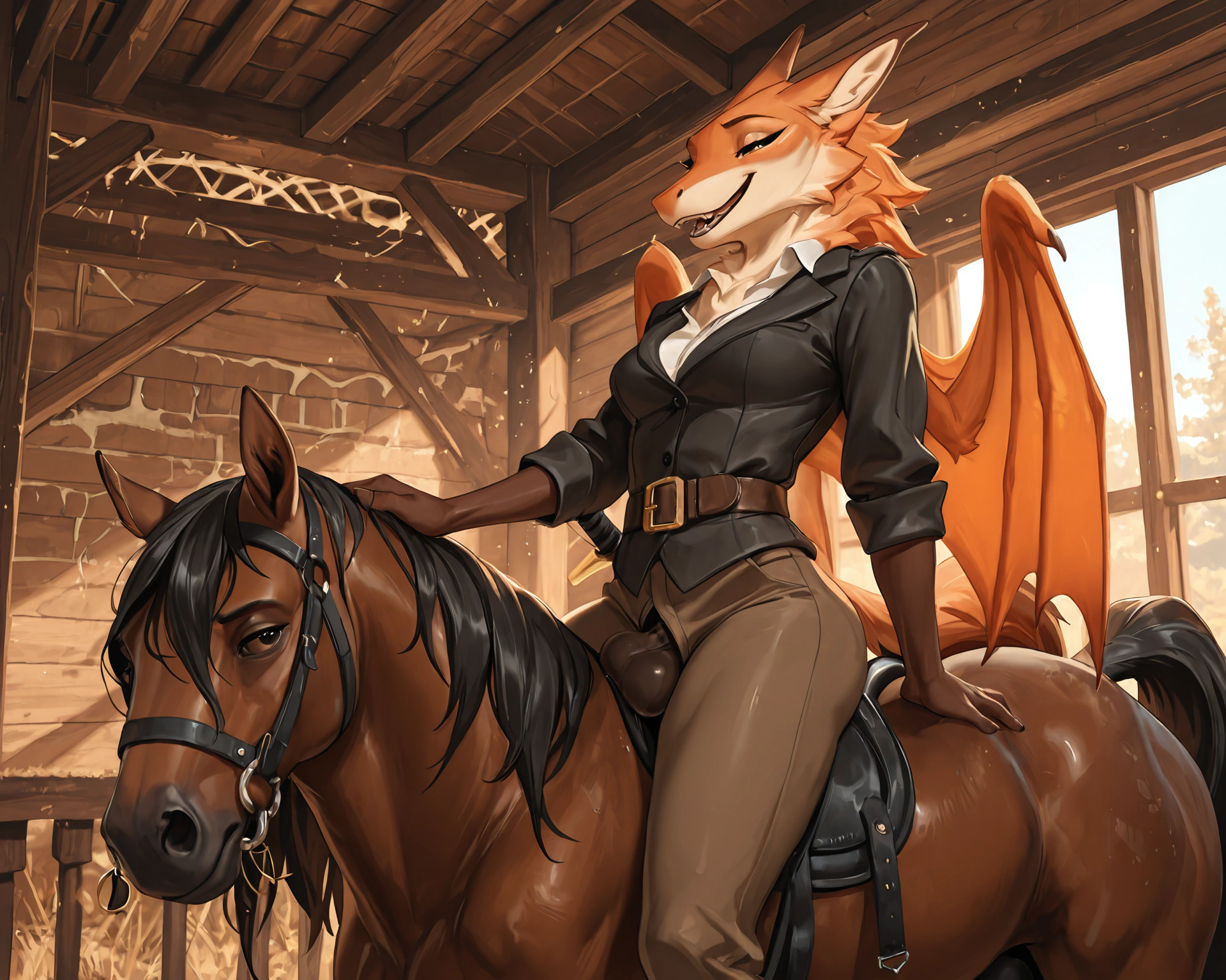 by_kluclew, bestiality, intraspecies_bestiality, duo, furred_dragon, anthro, furred_wings, orange_fur, digitigrade, anthro_three_toes, dragon_claws, female, small_breasts, clothed_anthro, slender, happy, gleeful, toothy_smile, barn, stable, smaller, small_female, kneeling_oral_position, ball_fondling, lustful_gaze, licking_sheath, servicing_from_below,  BREAK quadruped, equine, horse, feral, realistic_feral, brown_body, equine_genitalia, sheath, flaccid, fully_sheathed, larger_male, large_horse, beside_anthro, oral