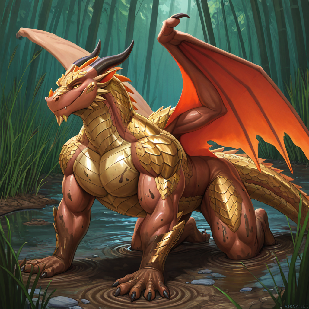 (feral_male, muscular male MudWing from Wings of Fire) dragon, mud, swamp, reeds, friendly, smile, copper/gold scales, feral dragon, male dragon, on all fours,