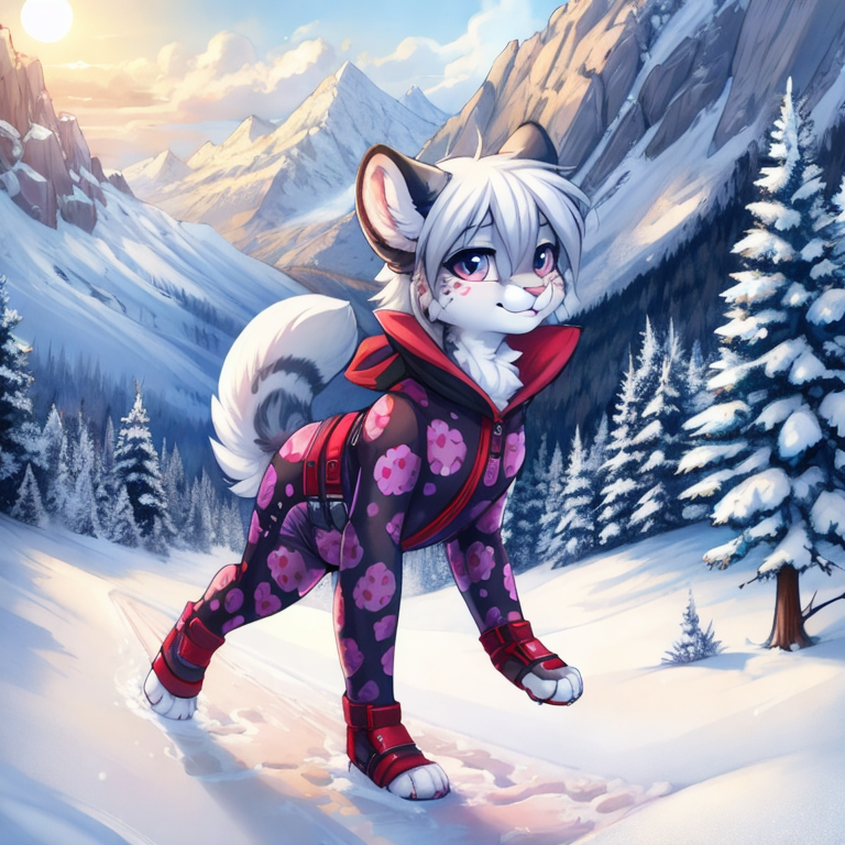 by tom fischbach,by arh,by seraziel,by silverfox5231, Character: feline,snow leopard, feral,detailed face,female,cute face, solo, solo, Wearing:  pattern skinsuit, diaper_under_clothing, vibrator_in_ass,  Scene:outside, mountain, snow, best_quality, HDR, 4K,
