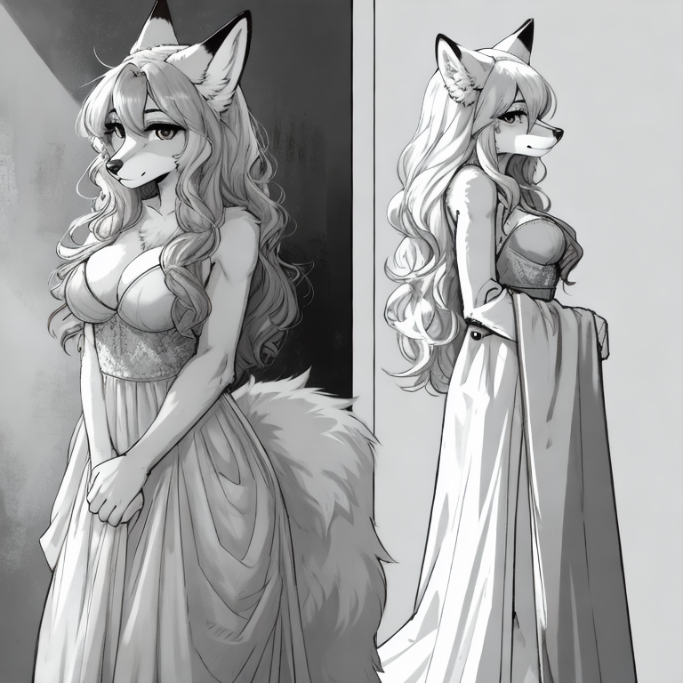 Black and white lineart, female anthro fox, slim build, chest fluff, fluffy tail, long hair, wavy hair, reference image, front and back