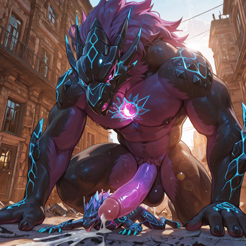 Aidennguyen17_style, adult only, male/male, Acnologia, muscular_male, black_body, purple_fur, glowing_penis, big_penis, crawling, self_lick, building_destruction, building_penetration, size_difference,  high quality, 4k, sunlight, cum_drip, more colorful,