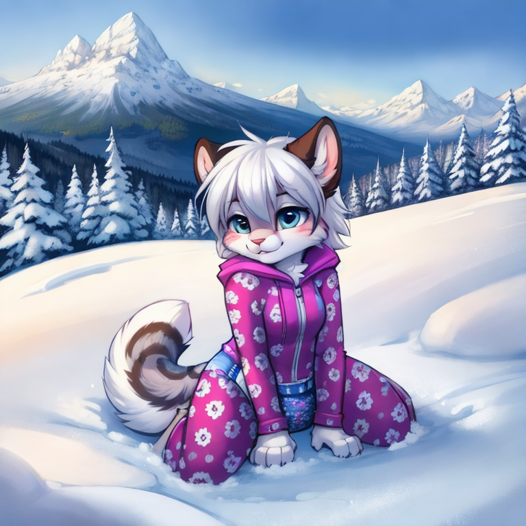 by tom fischbach,by arh,by seraziel,by silverfox5231, Character: feline,snow leopard, feral,detailed face,female,cute face, solo, solo, Wearing:  pattern skinsuit, diaper_under_clothing, vibrator_in_ass,  Scene:outside, mountain, snow, best_quality, HDR, 4K,