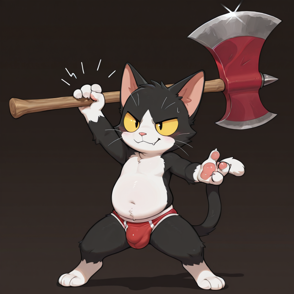 solo, 1boy, male cat, Scratchy_the_sipsomp, black_fur, white_belly, musculoso, much larger male, Pink nose, visible fang, red briefs, detailed_bulge, standing, red small axe, battle pose, full_body, simple background
