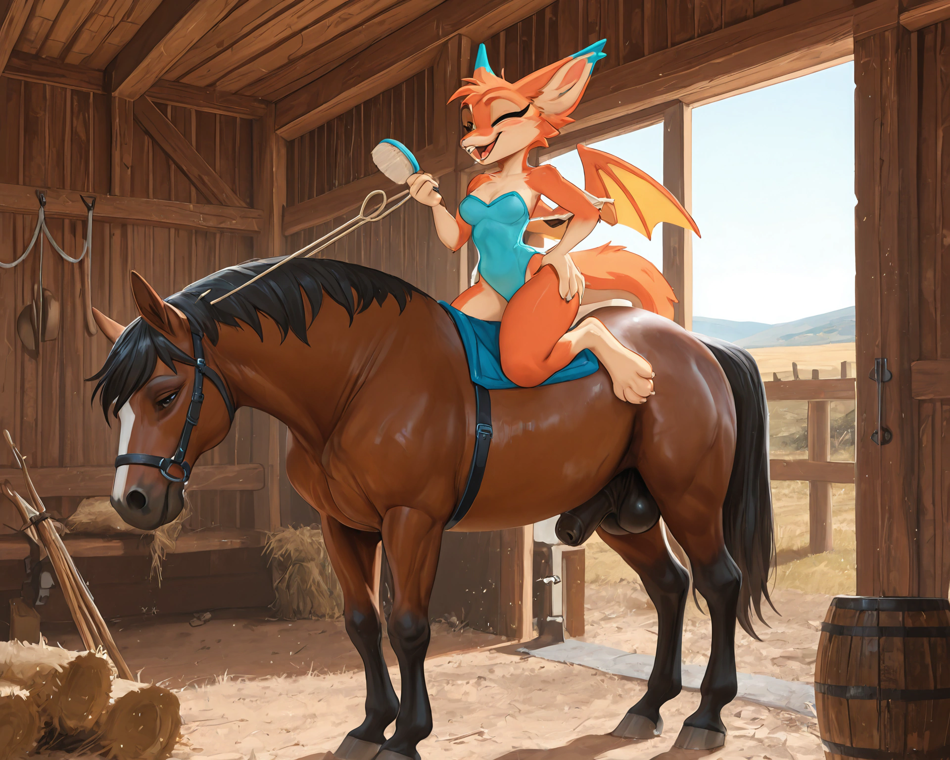 by_kluclew, duo, furred_dragon, anthro, furred_wings, orange_fur, digitigrade, anthro_three_toes, dragon_claws, female, small_breasts, clothed_anthro, slender, happy, gleeful, toothy_smile, barn, stable, brushing_horse, standing, next_to_partner, smaller, small_female, side_by_side BREAK quadruped, equine, horse, feral, realistic_feral, brown_body, equine_genitalia, sheath, flaccid, fully_sheathed, larger_male, large_horse, beside_anthro
