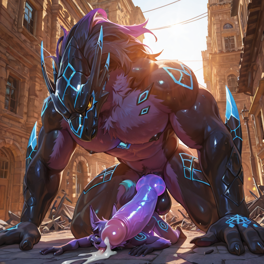 Aidennguyen17_style, adult only, male/male, Acnologia, muscular_male, black_body, purple_fur, glowing_penis, big_penis, crawling, self_lick, building_destruction, building_penetration, size_difference,  high quality, 4k, sunlight, cum_drip, more colorful,