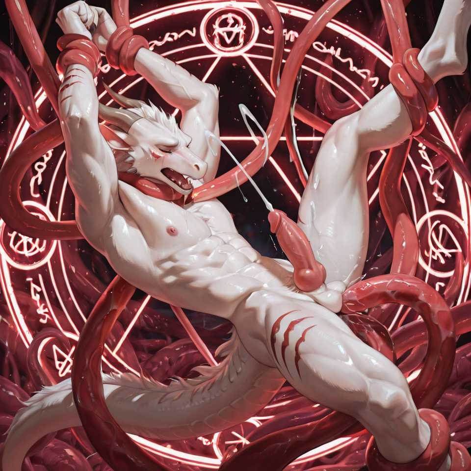 white_body, muscular_Dragon, looking_at_viewer, close-up,  hyper_realistic, suspended_in_the_air, side_view, white_fur , muscular_legs, muscular_arms, six_pack, rib_muscles, held in the air by tentacles,  dragon_tail, obliques, tentacle_sex, orgasm, crying, realistic, hard cock, small_waist, v_line, tentacle_penetration, tentacle_around_neck, tentacle_around_leg, spread_legs, tears_of_pain, drooling, cumshot, tentaclejob, hands_above_head, magic_circle, legs_up,