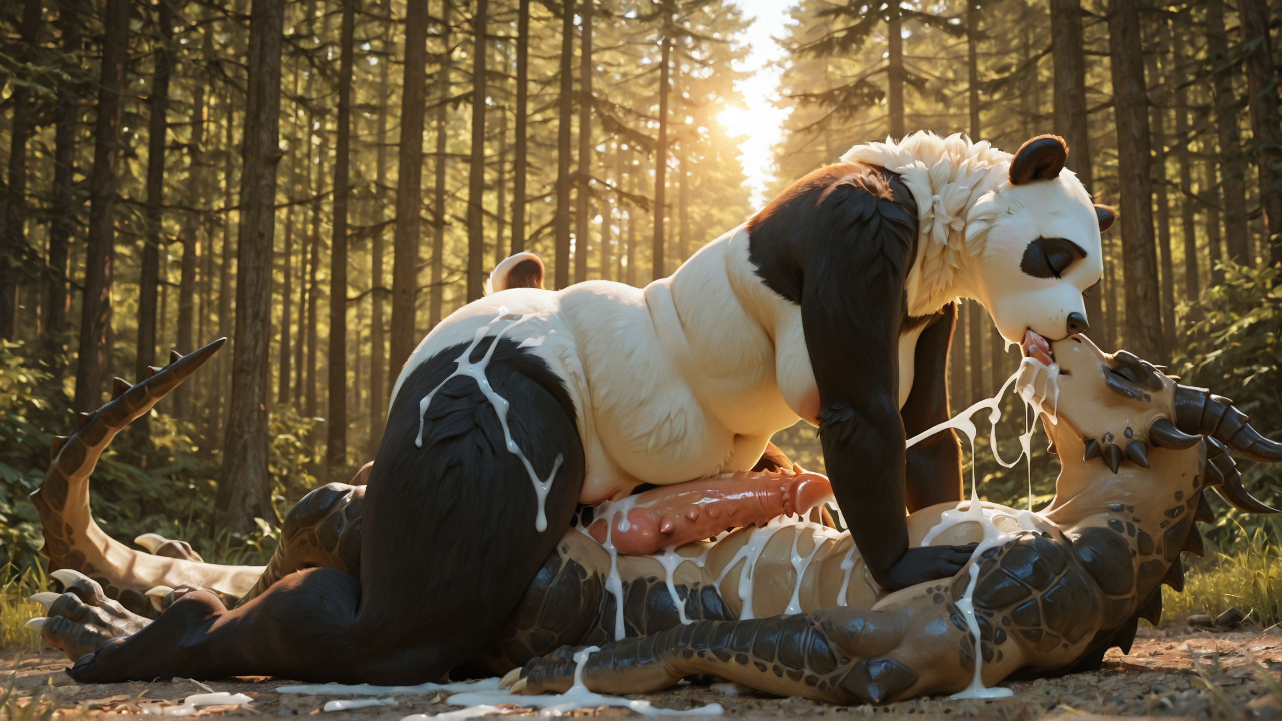 duo, (3d:1), (photorealism:1.3), (realistic:1.3), slightly_chubby_female, adult, (detailed:1), (panda:1.2), female, (ursine_pussy:1.2), (ursine_vulva:1.2), (fluffy:1),  (deathclaw:1.2), male, (obese_male:1.2), (genital_slit:1.2), (tapering_penis:1.4), (spiked_penis:1.4),  (pussyjob:1.2), female_riding_male, cowgirl_position, side_view, cum, excessive_cum, cum_everywhere, cum_in_mouth, cumshot, (kissing:1.2), forest,  looking_pleasured,  full_body, lying_on_ground, leaning_on_object, female_on_top,