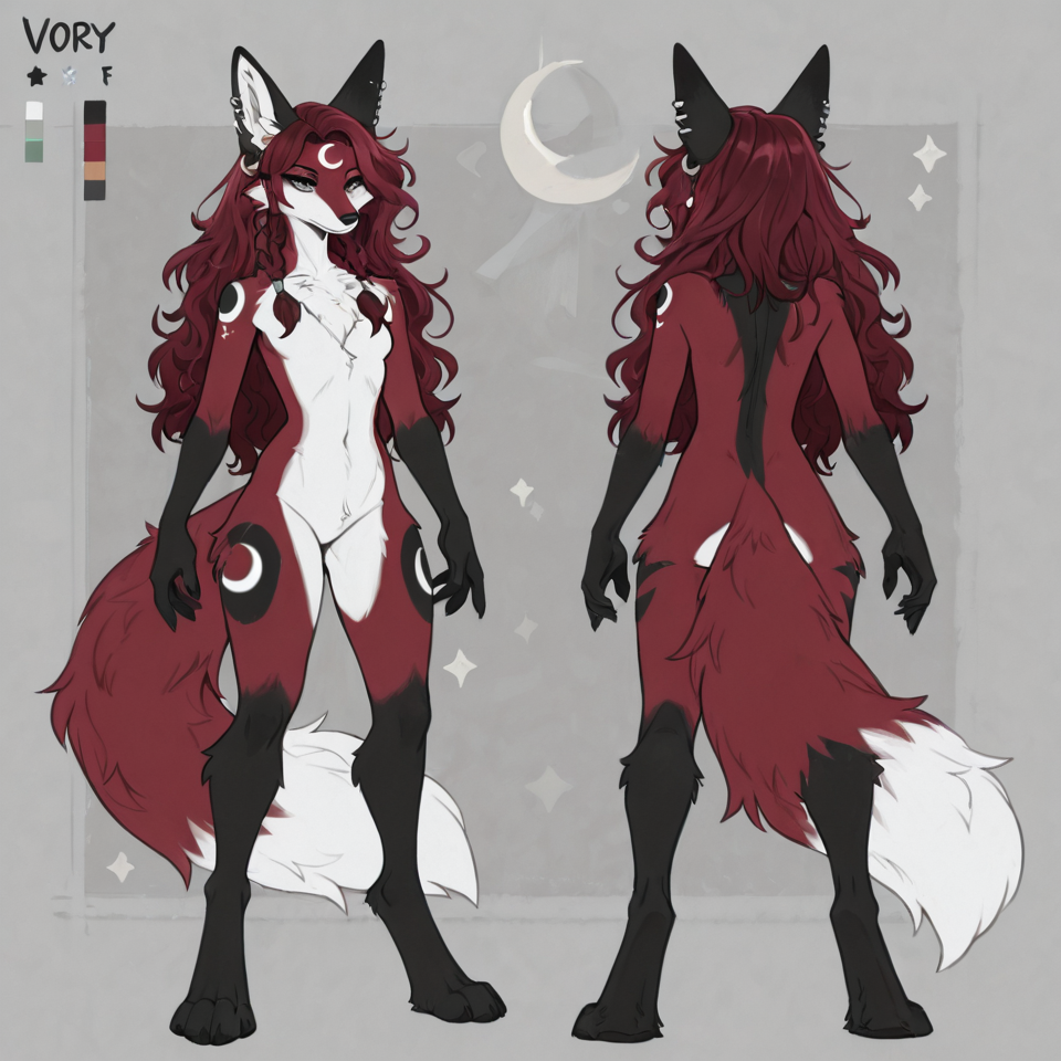 anthro female fox, dark burgundy red fur, slim build, digitigrade legs, nude, neutral pose, fluff on chest dark red hair, wavy hair, long hair, loose hair, braided hair, multiple small braids, hair wraps light grey-green eyes ivory muzzle, ivory chest fur, ivory belly fur, ivory tail tip black forearms, black hands, black lower arms, black legs, black feet, black from knees down, black stripe next to nose, black ear tips, charcoal black markings, black stripes on thighs, black stripes on upper arms crescent moon marking, white crescent moon, upside-down crescent moon on forehead with points upwards, white crescent moon on tail, white star design on each shoulder long fluffy tail, tail accessory, metal tail ring, silver tail band, braided tail fox ears, ear piercings, silver ear hoops clean lines, full body, front view, reference sheet style