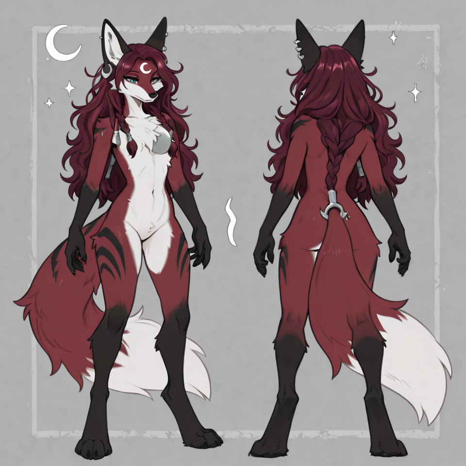 anthro female fox, dark burgundy red fur, slim build, digitigrade legs, nude, neutral pose, fluff on chest, dark red hair, wavy hair, long hair, loose hair, braided hair, multiple small braids, hair wraps light grey-green eyes, ivory muzzle, ivory chest fur, ivory belly fur, ivory tail tip, black forearms, black hands, black lower arms, black legs, black feet, black from knees down, black stripe next to nose, black ear tips, charcoal black markings, black stripes on thighs, black stripes on upper arms crescent moon marking, white crescent moon, upside-down crescent moon on forehead with points upwards, white crescent moon on tail, white crescent moon on black, long fluffy tail, tail accessory, metal tail ring, silver tail band, braided tail fox ears, ear piercings, silver ear hoops clean lines, suggestive